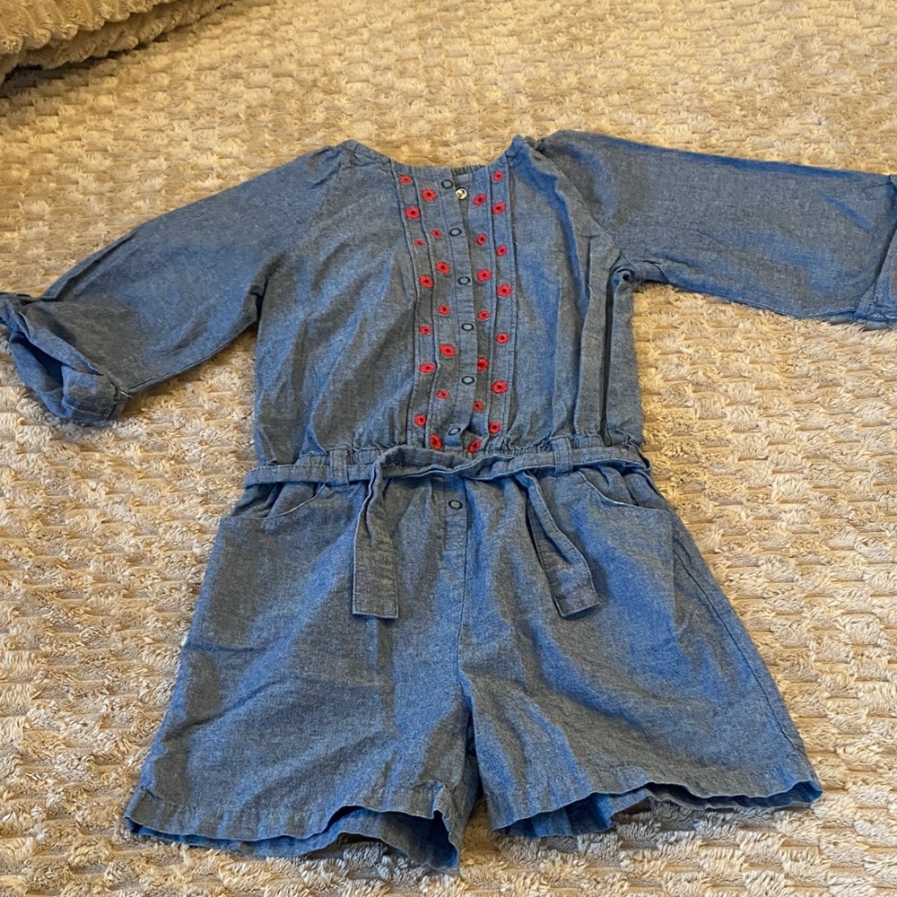 Gymboree Blue Chambray Romper with Red Embroidery